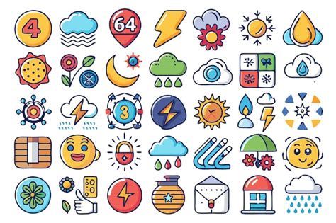 Collection Of Colorful Weather Icons Including Sun Rain Cloud Lightning