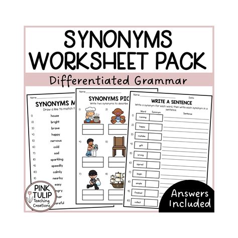 Synonyms Worksheet Pack No Prep Printables With Answers - Etsy