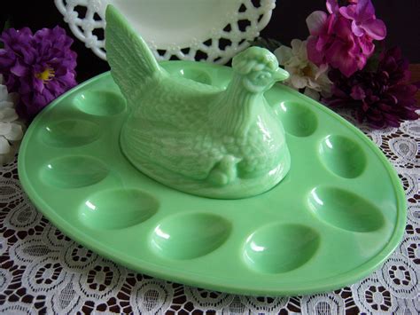 Fenton Jadeite Hen On Nest Egg Tray 13 Jadeite Deviled Etsy Green Milk Glass Milk Glass