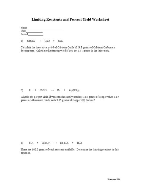 Free Printable Limiting Reactant And Percent Yield Worksheets