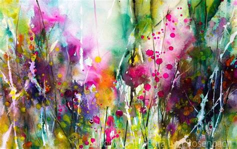 Watercolor And Mixed Media Loose Impressionistic Field Of Flowers By