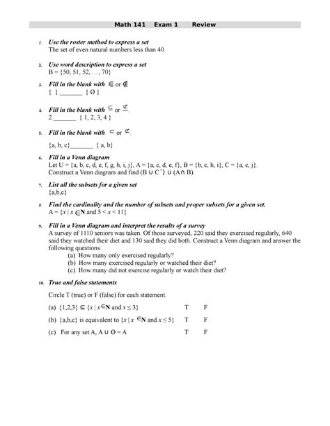 141 Exam1 Review Note Math 141 Exam 1 Review Use The Roster Method