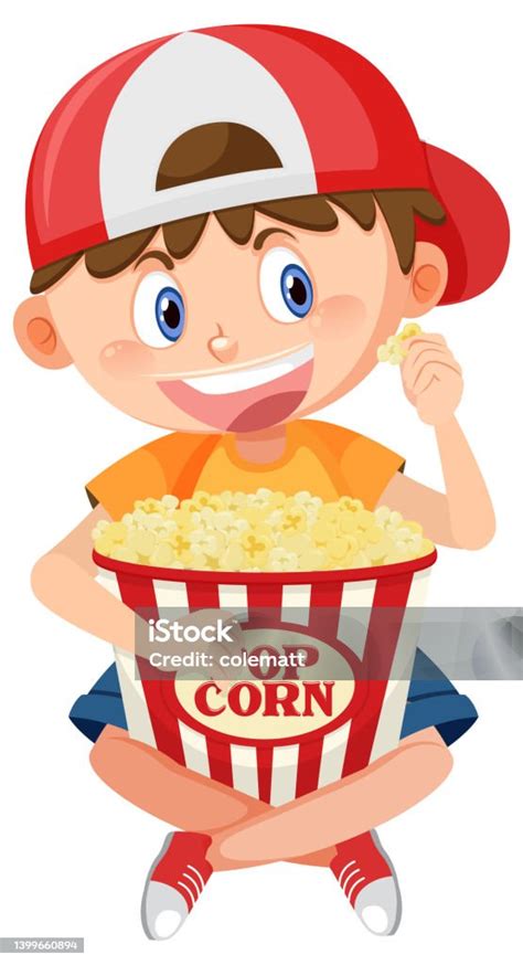 Lucu Anak Lakilaki Makan Popcorn Ilustrasi Stok Unduh Gambar Sekarang