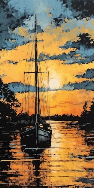 Pintura de barco à vela ao pôr do sol em estilo bernard buffet Foto