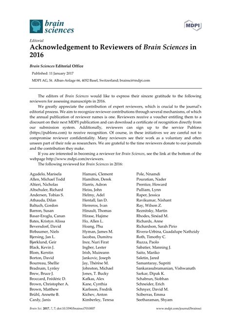 Pdf Acknowledgement To Reviewers Of Brain Sciences In