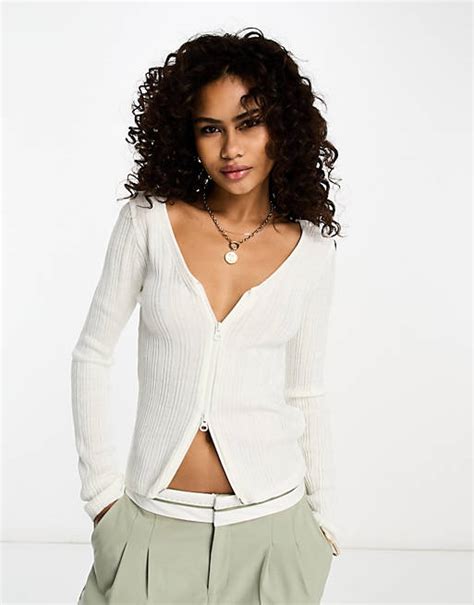 Asos Design Zip Through Rib Cardigan In Cream Asos