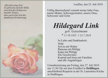 Traueranzeigen Von Hildegard Link Schwarzw Lder Bote Trauer