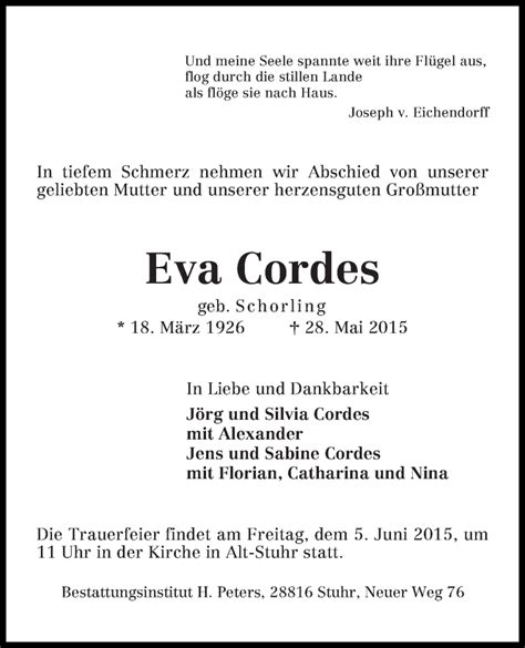 Traueranzeigen Von Eva Cordes Trauer Gedenken