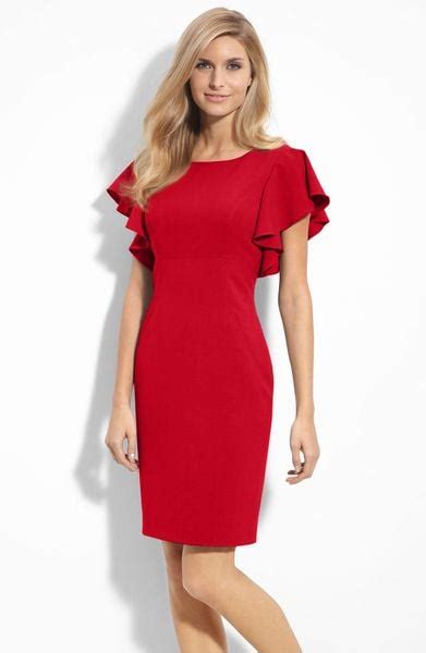 Calvin Klein Stretch Luxe Ruffle Sleeve Stretch Sheath Dress In Red Lyst