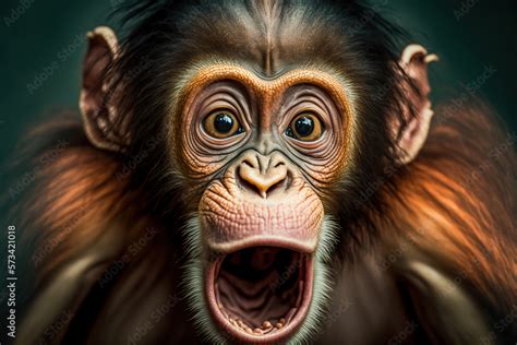 Photo Chimpanzee Expresses Emotions Funny Monkey With An Open Mouth