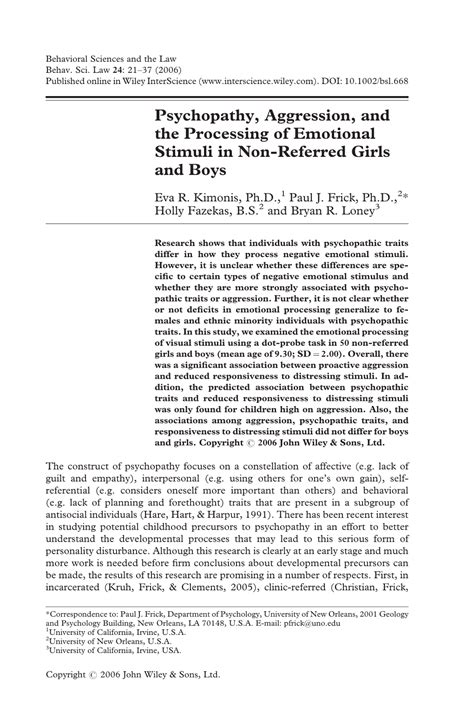 Psychopathy, Aggression, and the Processing of Emotional Stimuli in Non ... 