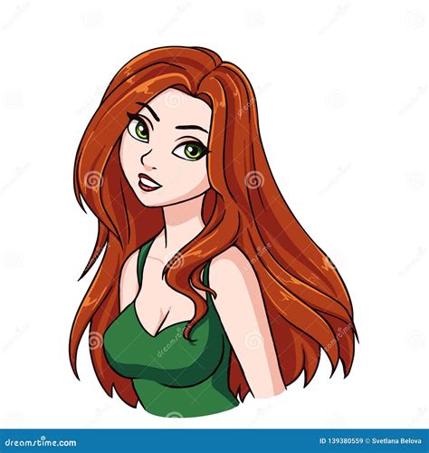 Beautiful Cartoon Smiling Girl Portrait Long Red Hair Big Green Eyes