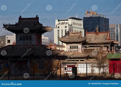 Choijin Lama Temple Against Modern Buildings In Ulaanbaatar Mongolia