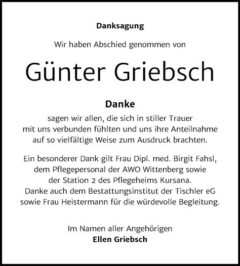 Traueranzeigen von Günter Griebsch abschied nehmen de