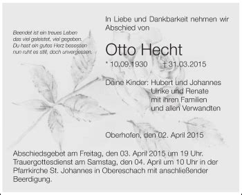 Traueranzeigen Von Otto Hecht Schwaebische De Trauerportal