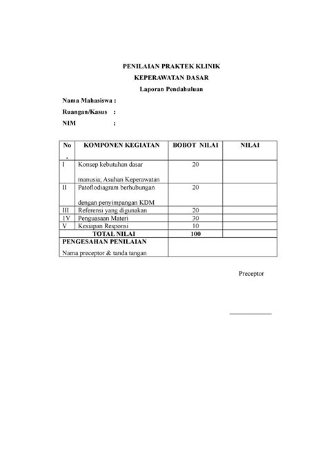 Penilaian Praktek Klinik PENILAIAN PRAKTEK KLINIK KEPERAWATAN DASAR