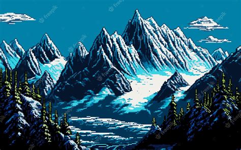 Premium Vector Generative Ai Snowy Mountains Landscape 8bit Pixel Art