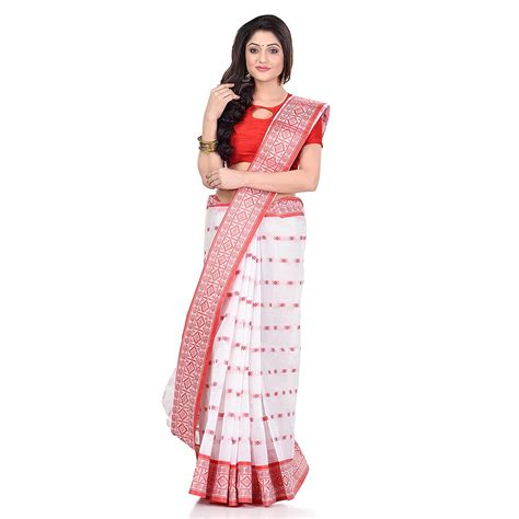 DB DESH BIDESH Women S Traditional Bengal Tant Woven Lal Paar Sada