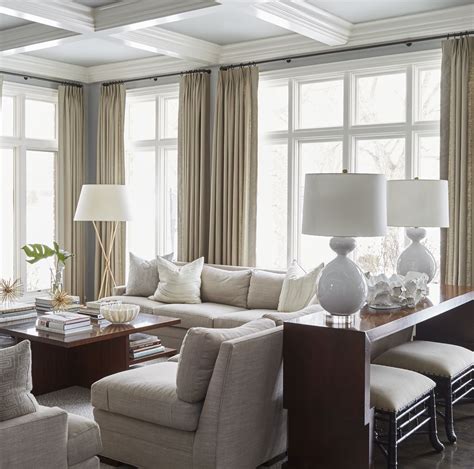 Neutral Living Room White Lamps Large Windows Curtains Grey Couches