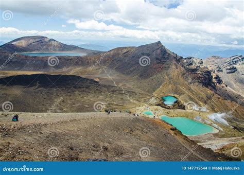 View Of Emerald Lakes From Tongariro Alpine Crossing Hike With Clouds