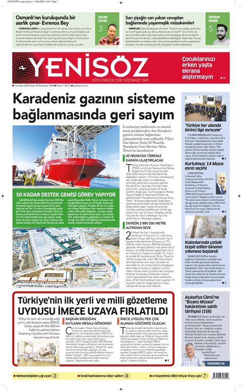 Yeni Söz Gazetesi 16 Nisan 2023 Pazar Günü Manşeti