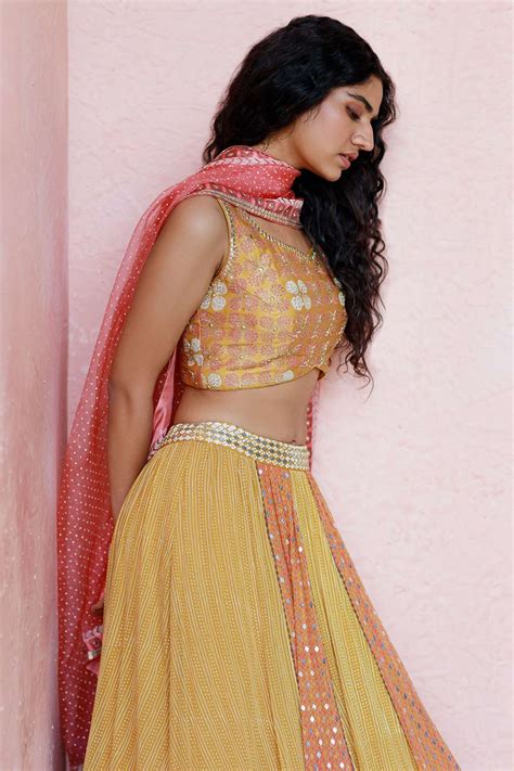 Buy Surbhi Gupta Yellow Cotton Silk Printed Lehenga Set Online Aza