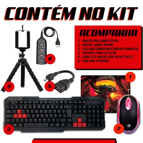 Mobilador Gamer Completo Teclado Mouse Led Hub Mousepad Tripe Otg V3