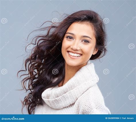 Winter Happiness Portrait Of A Beautiful Brunette Smiling At The Camera Stock Photo Image Of