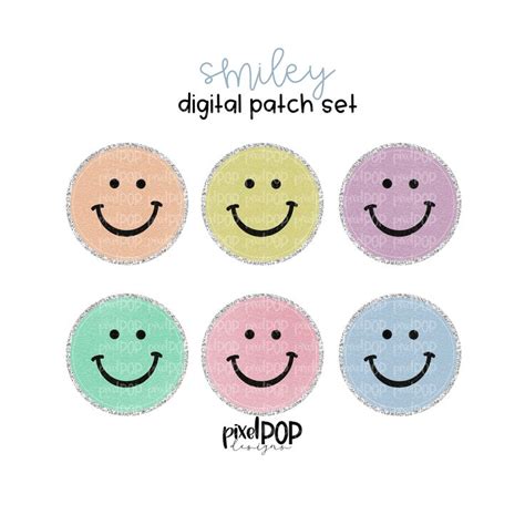 Vintage Patch Pastel Smiley Faces PNG Set With Glitter Backing Chenille