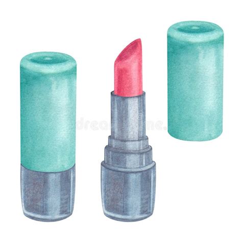 Nude Lipstick In A Silver Turquoise Case Watercolor Hand Drawn Stock Image Image Of Gorgeous