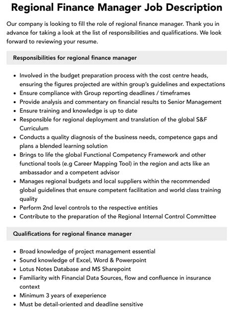 Regional Finance Manager Job Description Velvet Jobs