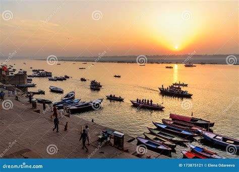 Sunrise View Of Ganges River With Boats From Chousatti Ghat In Viranasi