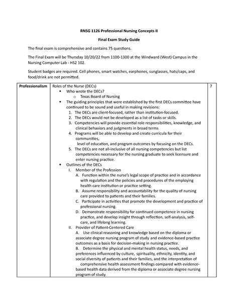 RNSG 1126 Final Exam Study Guide 2 RNSG 1126 Professional Nursing