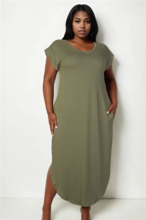 Plus Size Hidden Pocket Batwing Sleeve V Neck Long Dress