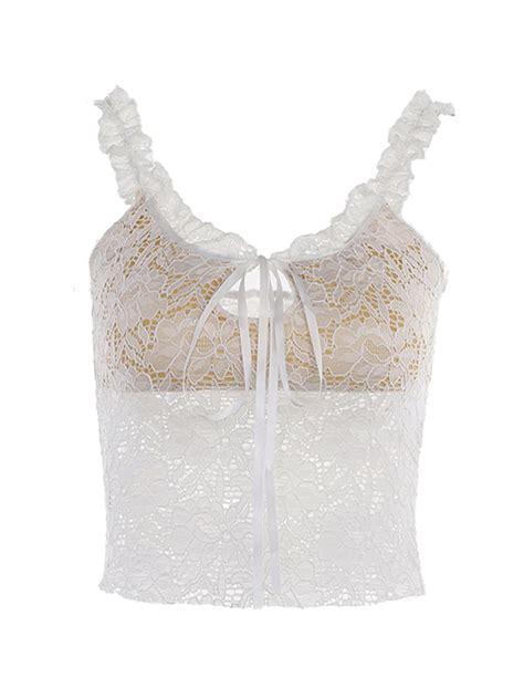 Emmiol Free Shipping Lace Fungus Strap Tie Up Cami Top White S In