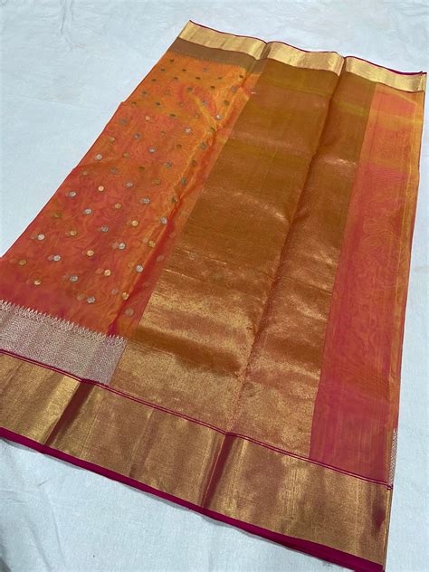 Buy Flame Pea Color Organza Chanderi Katan Silk Saree Mul Online In