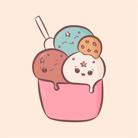 Cute ice cream in a cup in kawaii style. Summer food with happy funny faces. Vector Illustration ...