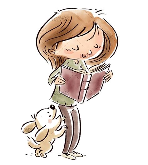 Niña Con Perro Leyendo Un Libro Con Fondo Blanco Dibustock Dibujos E