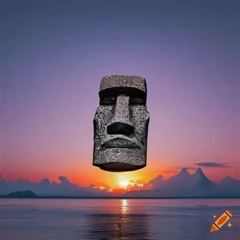 Mystical Moai Statue Overlooking A Serene Sunset Beach On A Tropical