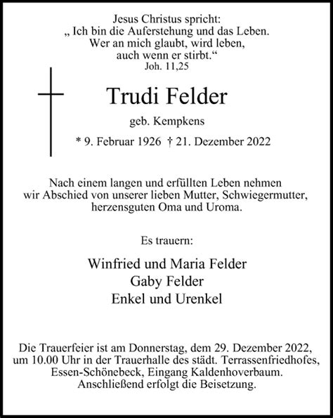 Traueranzeigen Von Trudi Felder Trauer In Nrw De