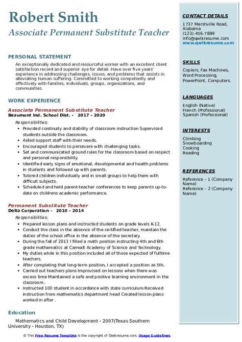 Permanent Substitute Teacher Resume Samples Qwikresume