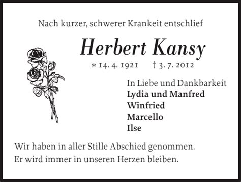 Traueranzeigen Von Herbert Kansy Sh Z Trauer