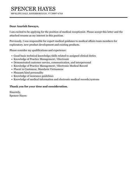 Medical Receptionist Cover Letter Velvet Jobs