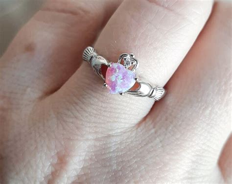 October Birthstone Pink Opal Ring Irish Rainbow Pink Opal Claddagh