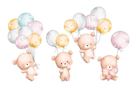 Conjunto De Ilustraciones De Acuarela De Osos De Peluche Y Globos