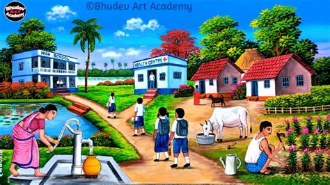 Beautiful Indian Clean Village Scenery Paintingnirmal Gram Scenery