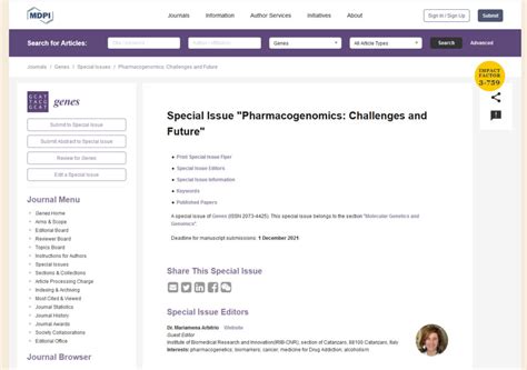 Special Issue "Pharmacogenomics: Challenges and Future" Mariamena ...