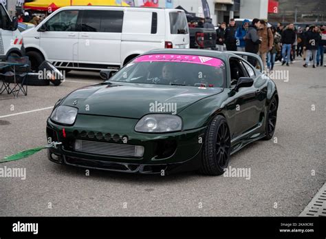 Supra in green color, it is an A80 MK4 parked in the car park Stock ...