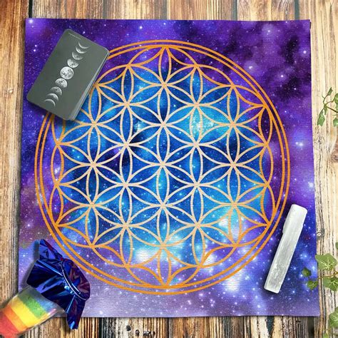 Starry Night Sky Galaxy Flower Of Life Tarot Tablecloth Velvet Altar