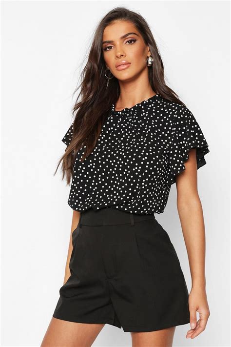 Womens Black Polka Dot Frill Sleeve Woven Blouse Boohoo Uk